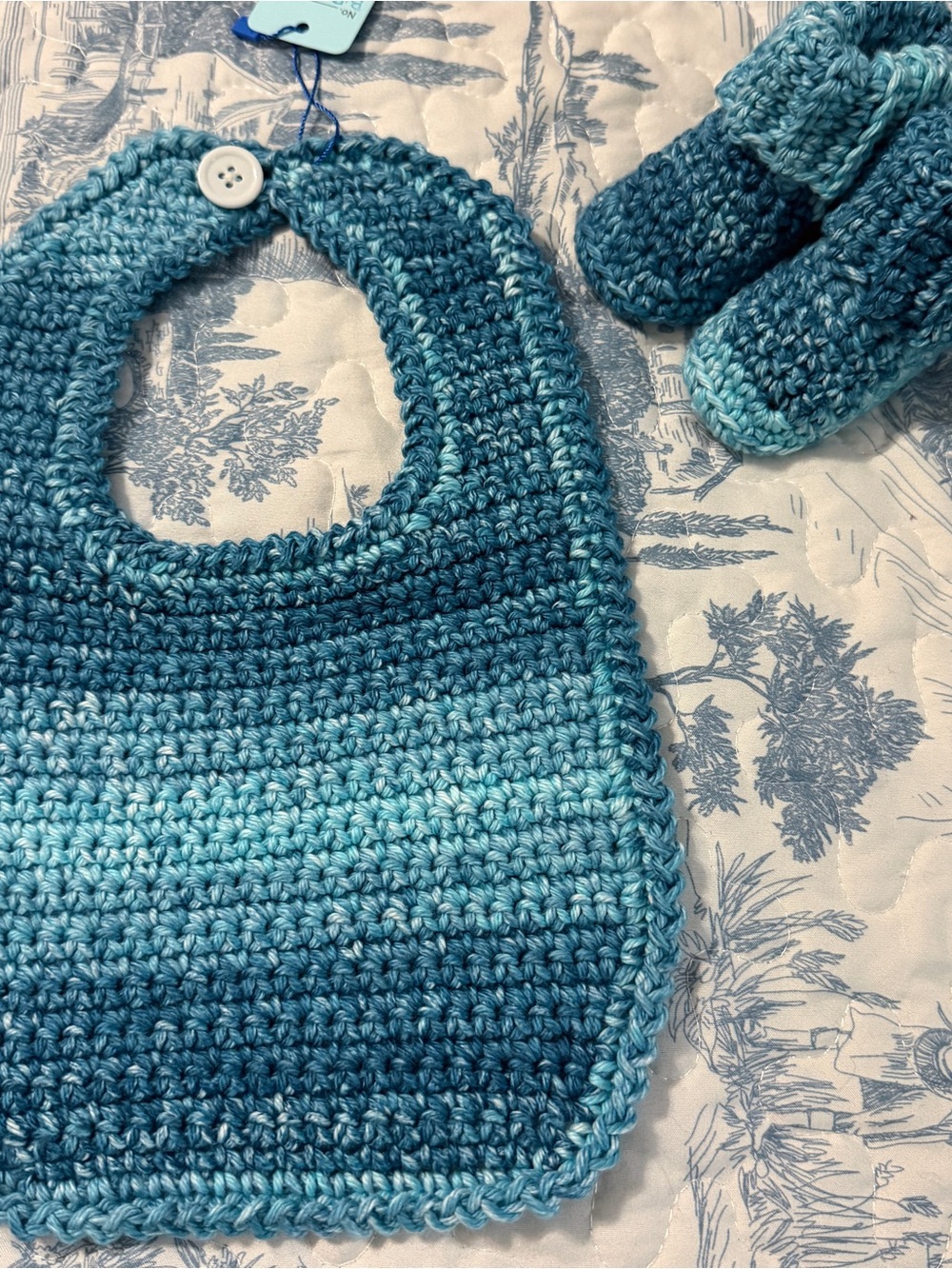 Handmade Blue Ombre Crochet Baby Bib with Button Closure